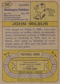 1974 Topps #398 - John Wilbur - Washington Redskins - Back