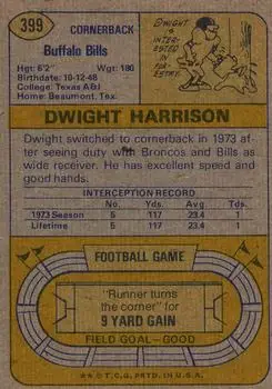 1974 Topps #399 - Dwight Harrison - Buffalo Bills - Back