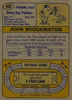 1974 Topps #400 - John Brockington - Green Bay Packers - Back 1974 Topps #400 - John Brockington - Green Bay Packers - Back