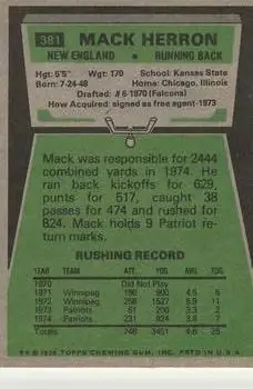 1975 Topps #381 - Mack Herron - New England Patriots - Back