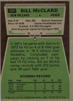1975 Topps #382 - Bill McClard - New Orleans Saints - Back 1975 Topps #382 - Bill McClard - New Orleans Saints - Back