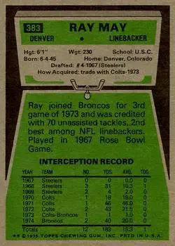 1975 Topps #383 - Ray May - Denver Broncos - Back 1975 Topps #383 - Ray May - Denver Broncos - Back