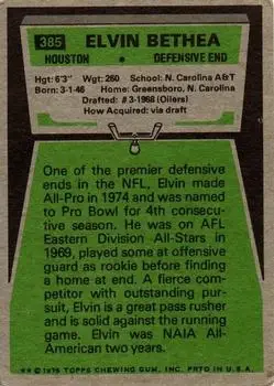 1975 Topps #385 - Elvin Bethea - Houston Oilers - Back