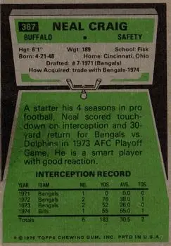 1975 Topps #387 - Neal Craig - Buffalo Bills - Back 1975 Topps #387 - Neal Craig - Buffalo Bills - Back