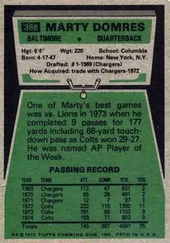 1975 Topps #388 - Marty Domres - Baltimore Colts - Back 1975 Topps #388 - Marty Domres - Baltimore Colts - Back