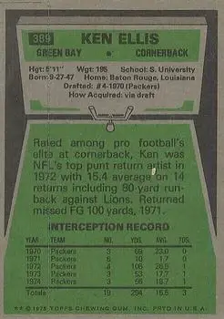 1975 Topps #389 - Ken Ellis - Green Bay Packers - Back