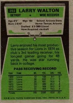 1975 Topps #393 - Larry Walton - Detroit Lions - Back