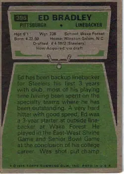 1975 Topps #396 - Ed Bradley - Pittsburgh Steelers - Back