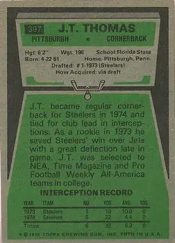 1975 Topps #397 - J.T. Thomas - Pittsburgh Steelers - Back