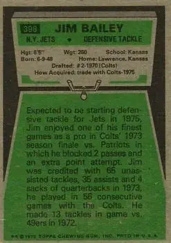 1975 Topps #398 - Jim Bailey - New York Jets - Back