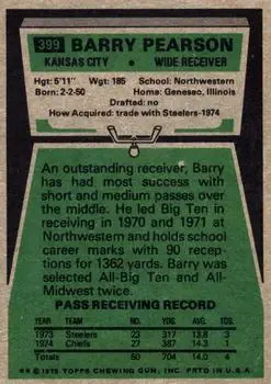 1975 Topps #399 - Barry Pearson - Kansas City Chiefs - Back