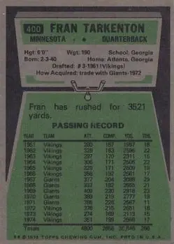 1975 Topps #400 - Fran Tarkenton - Minnesota Vikings - Back