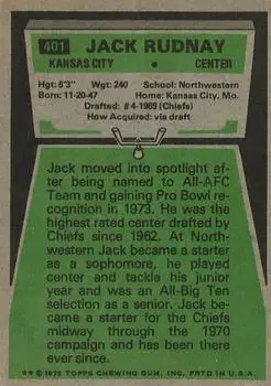 1975 Topps #401 - Jack Rudnay - Kansas City Chiefs - Back