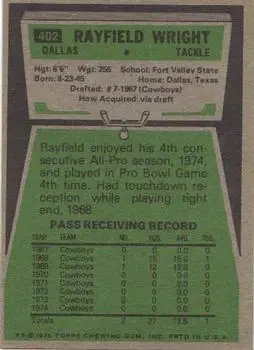 1975 Topps #402 - Rayfield Wright - Dallas Cowboys - Back