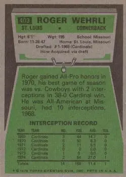 1975 Topps #403 - Roger Wehrli - St. Louis Cardinals - Back 1975 Topps #403 - Roger Wehrli - St. Louis Cardinals - Back