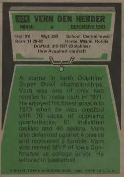 1975 Topps #404 - Vern Den Herder - Miami Dolphins - Back 1975 Topps #404 - Vern Den Herder - Miami Dolphins - Back