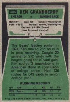 1975 Topps #406 - Ken Grandberry - Chicago Bears - Back