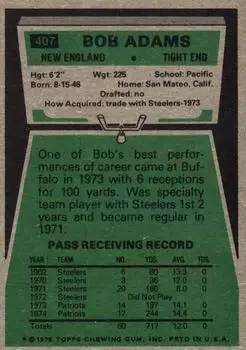 1975 Topps #407 - Bob Adams - New England Patriots - Back