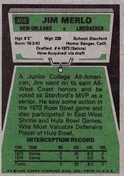 1975 Topps #408 - Jim Merlo - New Orleans Saints - Back