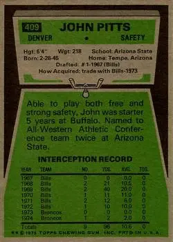 1975 Topps #409 - John Pitts - Denver Broncos 1975 Topps #409 - John Pitts - Denver Broncos