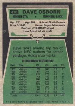 1975 Topps #410 - Dave Osborn - Minnesota Vikings - Back