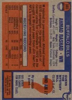 1976 Topps #383 - Ahmad Rashad - Buffalo Bills - Back
