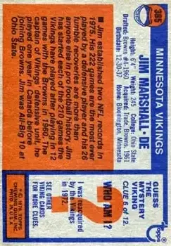 1976 Topps #385 - Jim Marshall - Minnesota Vikings - Back