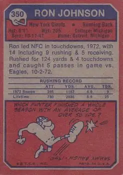 1973 Topps #350 - Ron Johnson - New York Giants 1973 Topps #350 - Ron Johnson - New York Giants