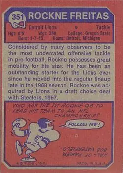 1973 Topps #351 - Rockne Freitas - Detroit Lions - Back