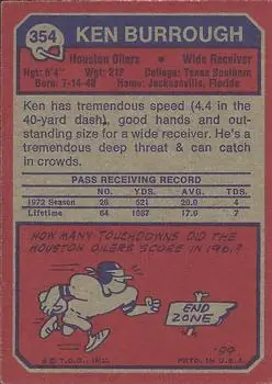 1973 Topps #354 - Ken Burrough - Houston Oilers - Back