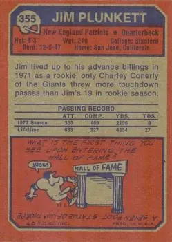 1973 Topps #355 - Jim Plunkett - New England Patriots - Back
