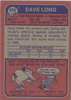 1973 Topps #356 - Dave Long - New Orleans Saints - Back