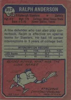 1973 Topps #357 - Ralph Anderson - Pittsburgh Steelers - Back 1973 Topps #357 - Ralph Anderson - Pittsburgh Steelers - Back