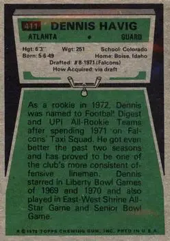 1975 Topps #411 - Dennis Havig - Atlanta Falcons - Back