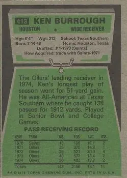 1975 Topps #413 - Ken Burrough - Houston Oilers - Back