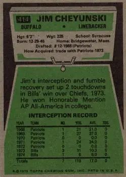 1975 Topps #414 - Jim Cheyunski - Buffalo Bills - Back 1975 Topps #414 - Jim Cheyunski - Buffalo Bills - Back