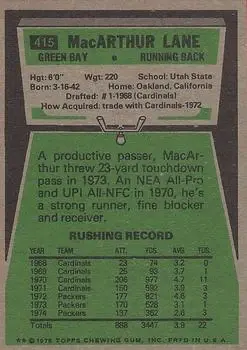 1975 Topps #415 - MacArthur Lane - Green Bay Packers - Back