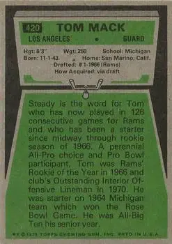 1975 Topps #420 - Tom Mack - Los Angeles Rams - Back