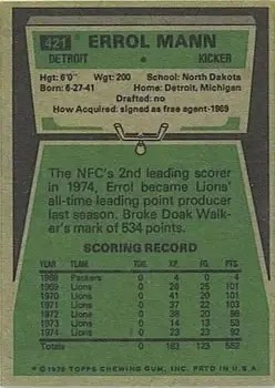 1975 Topps #421 - Errol Mann - Detroit Lions - Back