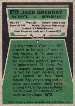 1975 Topps #422 - Jack Gregory - New York Giants - Back 1975 Topps #422 - Jack Gregory - New York Giants - Back
