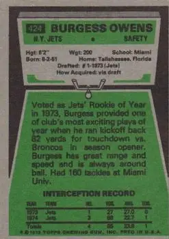 1975 Topps #424 - Burgess Owens - New York Jets - Back