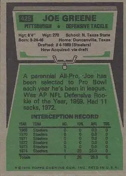 1975 Topps #425 - Joe Greene - Pittsburgh Steelers - Back