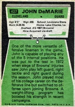 1975 Topps #427 - John DeMarie - Cleveland Browns - Back