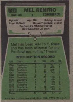 1975 Topps #428 - Mel Renfro - Dallas Cowboys - Back 1975 Topps #428 - Mel Renfro - Dallas Cowboys - Back