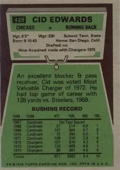 1975 Topps #429 - Cid Edwards - Chicago Bears - Back 1975 Topps #429 - Cid Edwards - Chicago Bears - Back