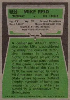 1975 Topps #430 - Mike Reid - Cincinnati Bengals - Back 1975 Topps #430 - Mike Reid - Cincinnati Bengals - Back