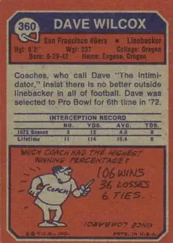 1973 Topps #360 - Dave Wilcox - San Francisco 49ers - Back