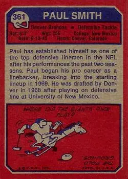 1973 Topps #361 - Paul Smith - Denver Broncos - Back