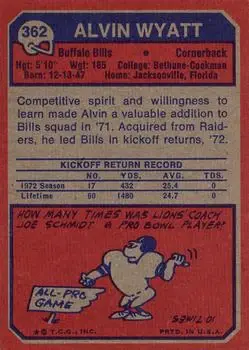 1973 Topps #362 - Alvin Wyatt - Buffalo Bills - Back