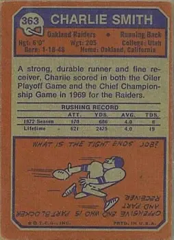 1973 Topps #363 - Charlie Smith - Oakland Raiders - Back